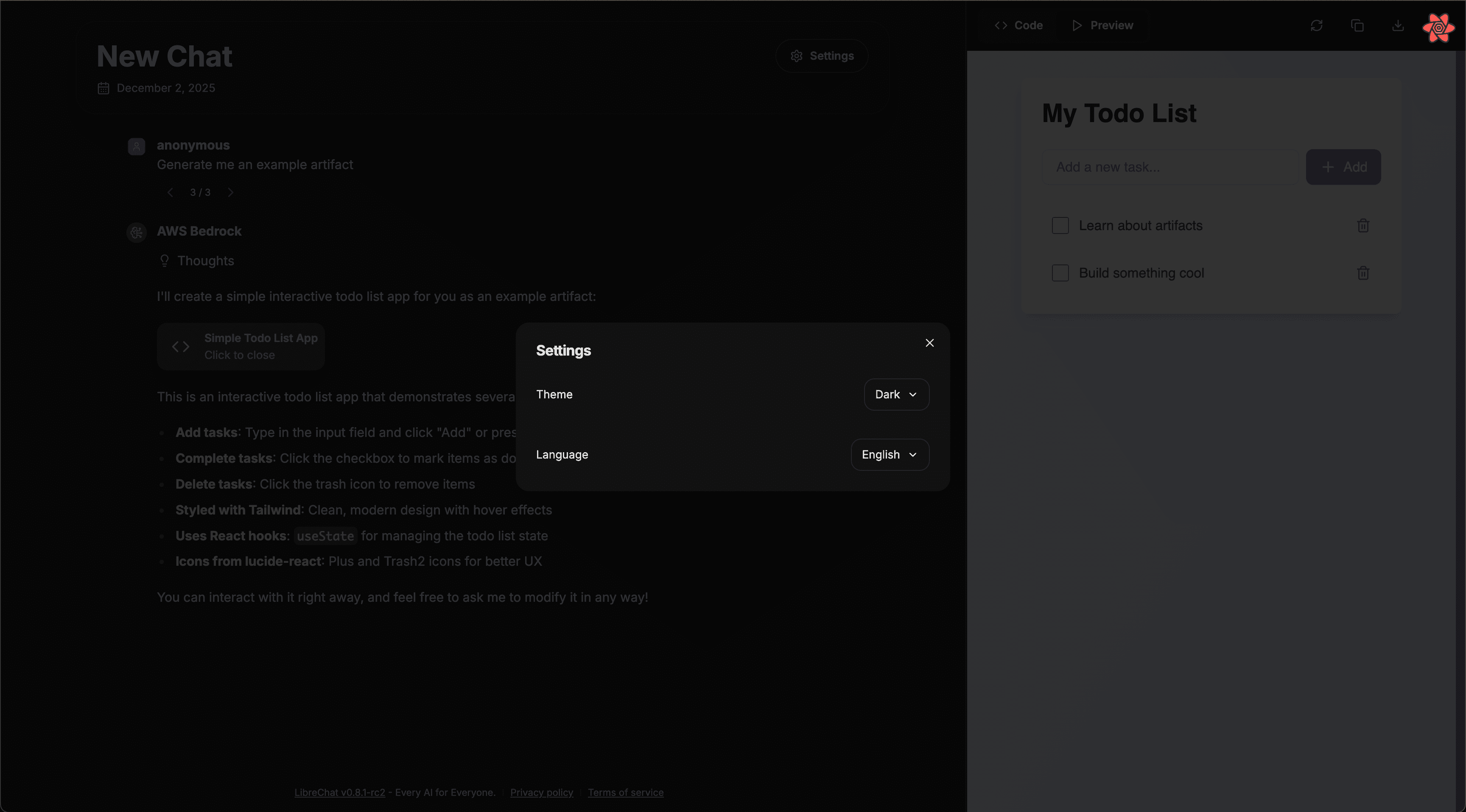Language and theme settings for shared links