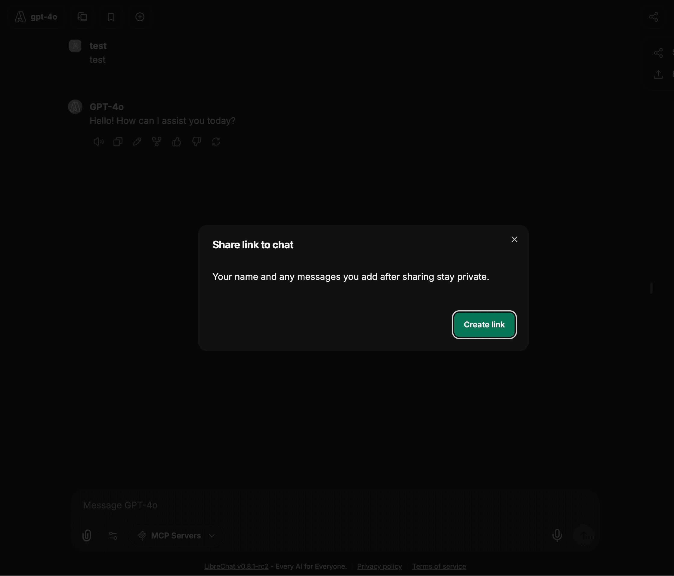 Create share link modal