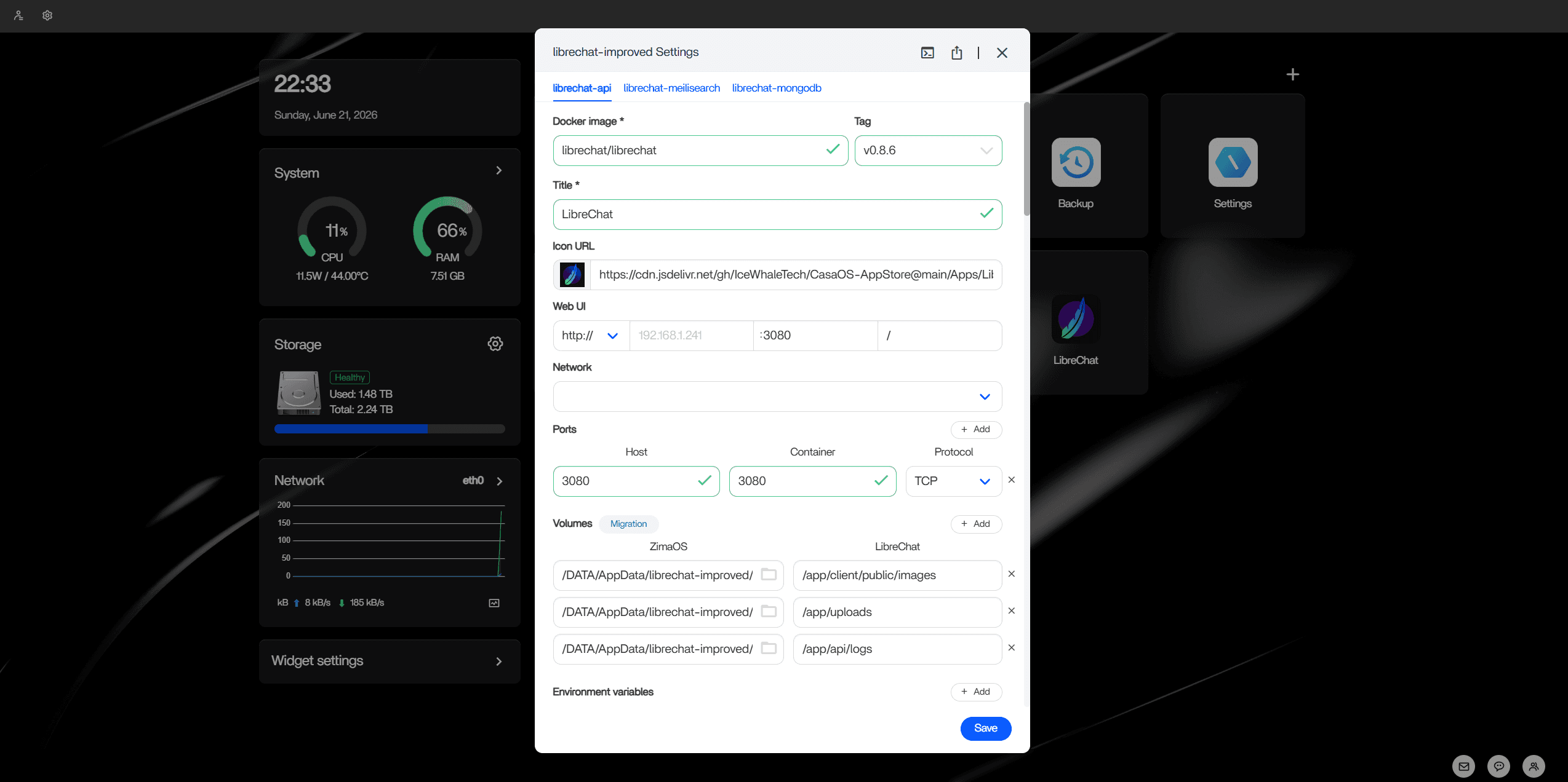 Configuring the LibreChat app in the ZimaOS dashboard: Docker image, ports, and /DATA volume mounts