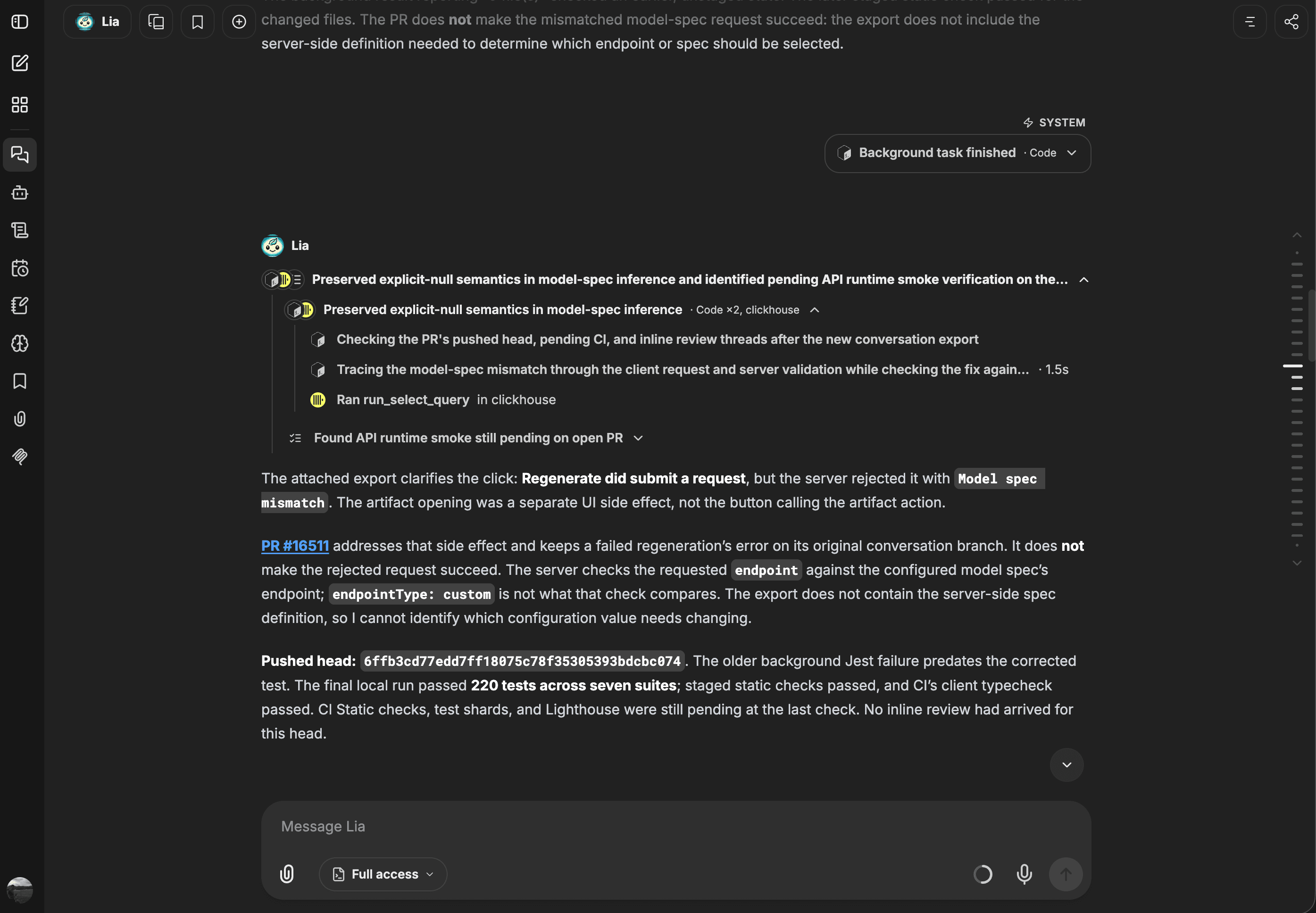 Lia's LibreChat conversation showing nested agent activity, a completed background task, a ClickHouse tool call, and a summary of pull request and CI status.