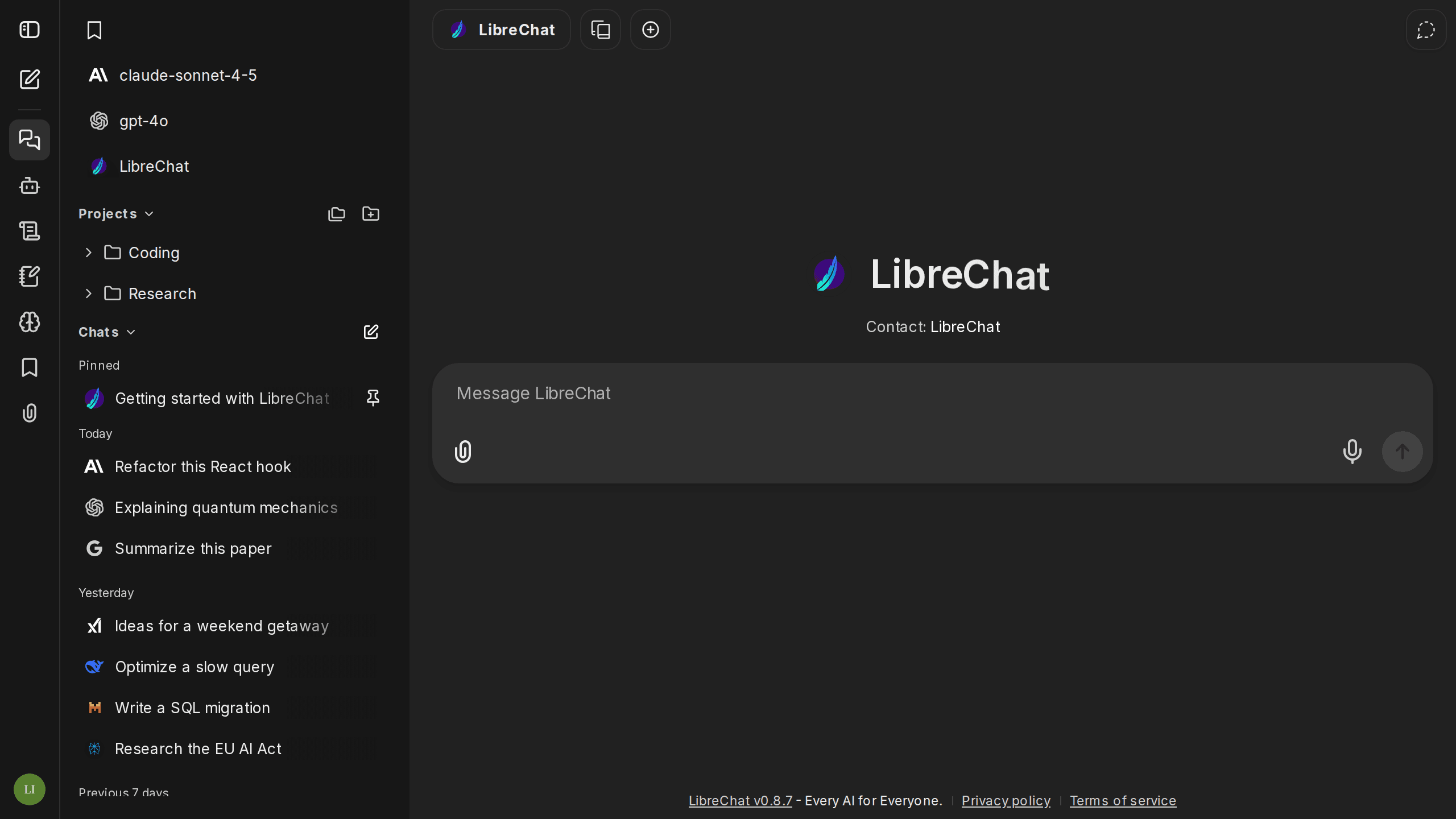 LibreChat desktop interface in dark mode