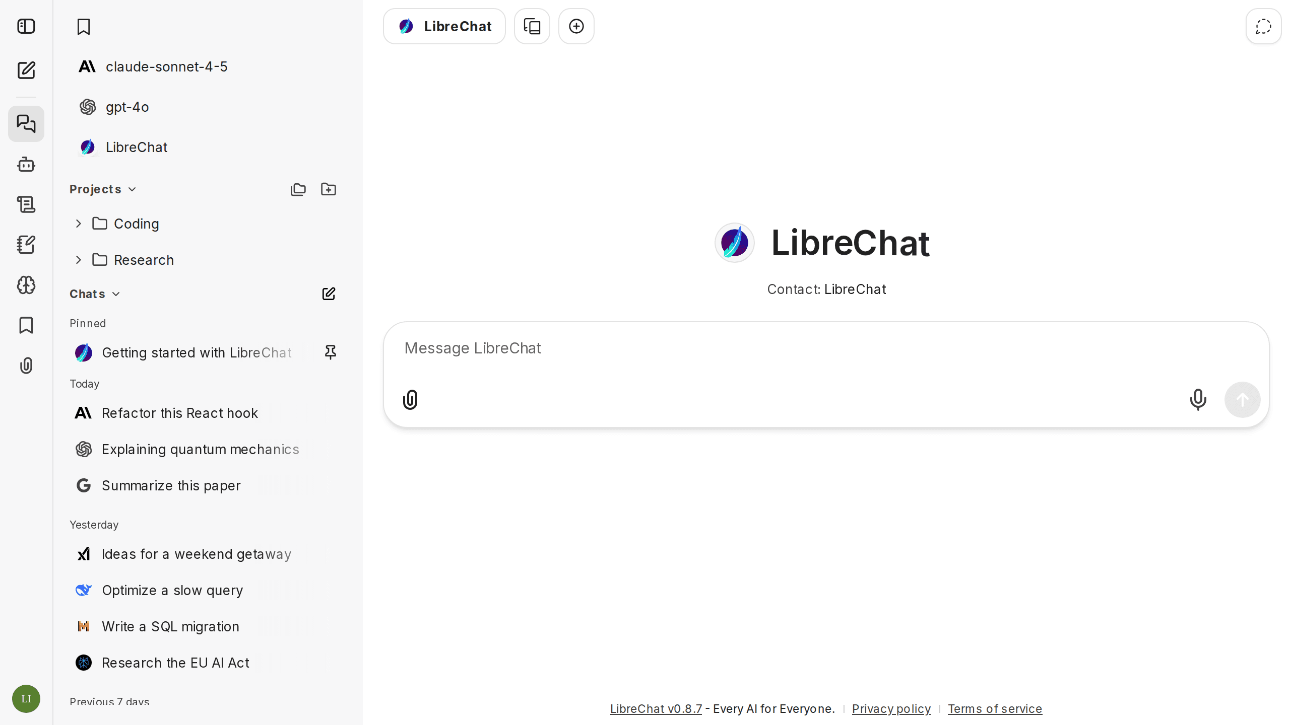 LibreChat desktop interface in light mode