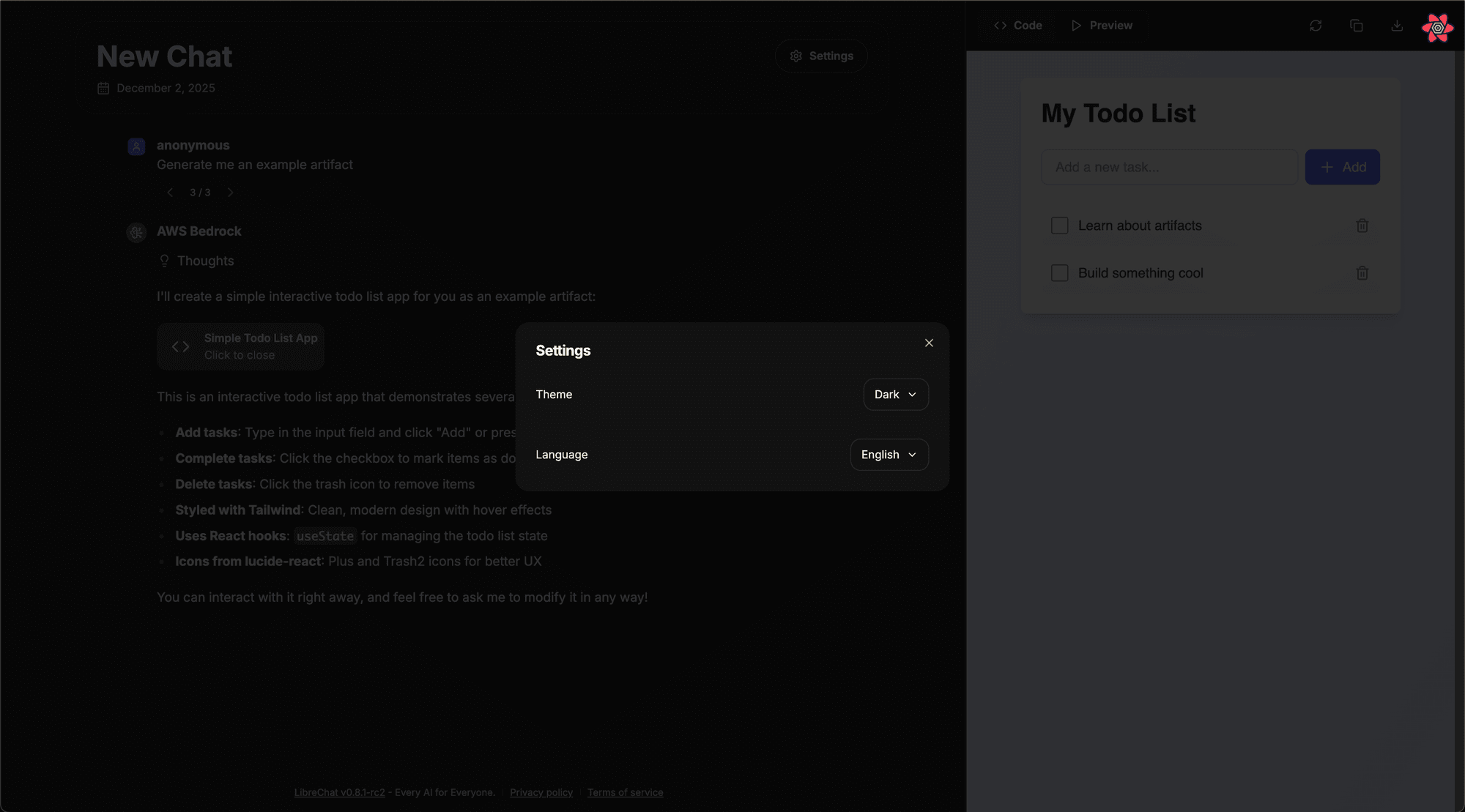 Language and theme settings on a shared link