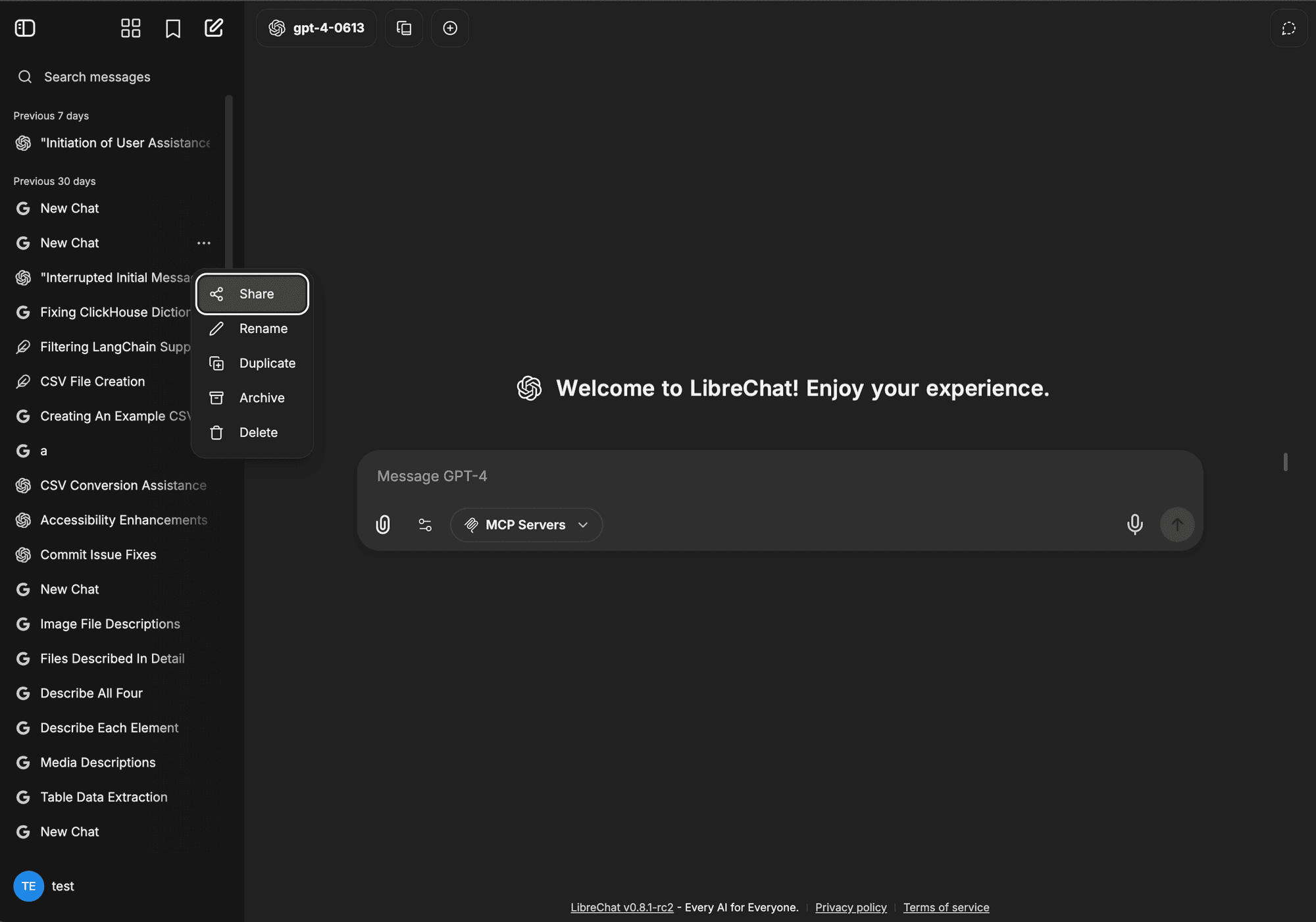 Share option in the conversation menu