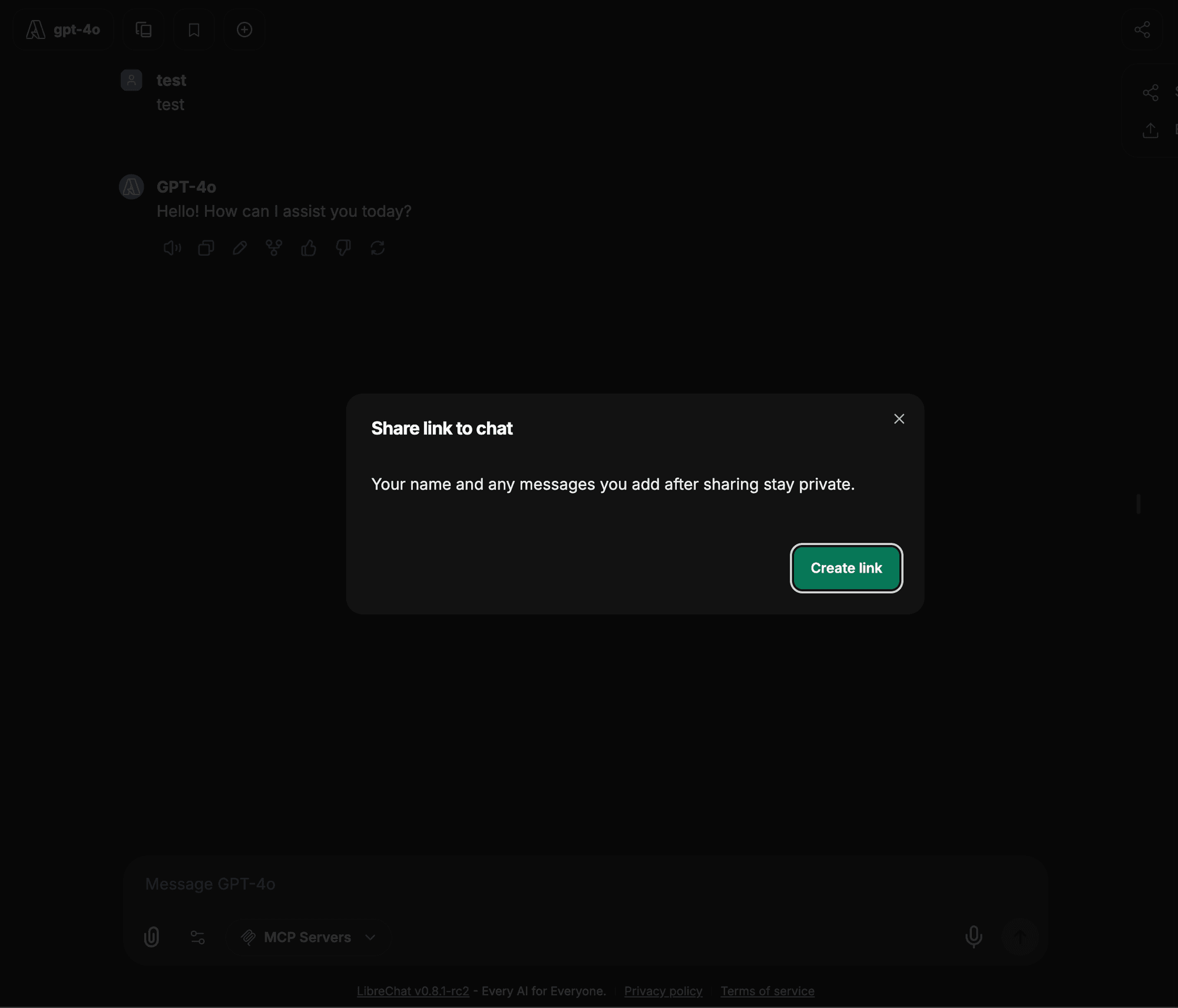 Create share link modal