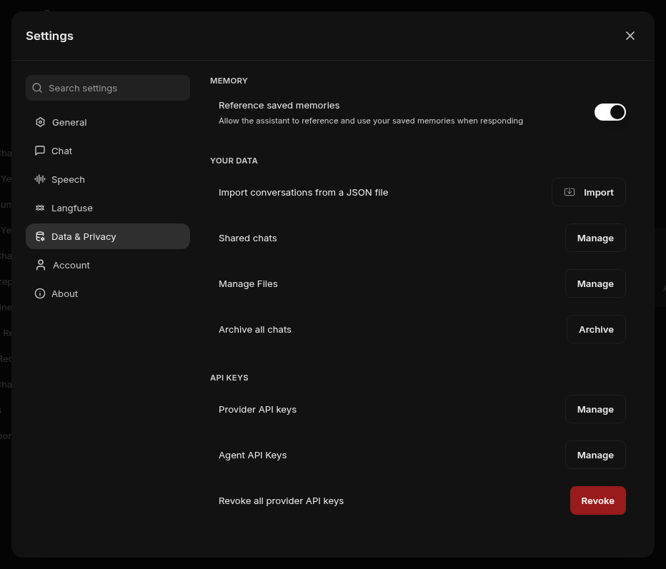 Settings open on the Data & Privacy tab, with the Import conversations row and its Import button