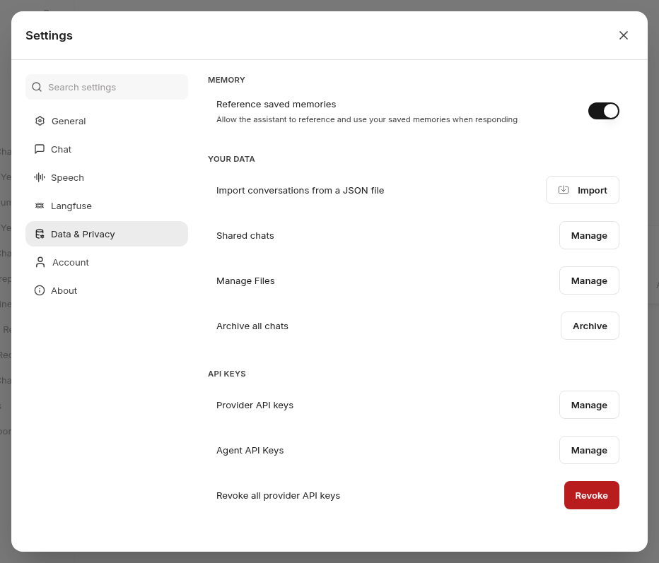 Settings open on the Data & Privacy tab, with the Import conversations row and its Import button