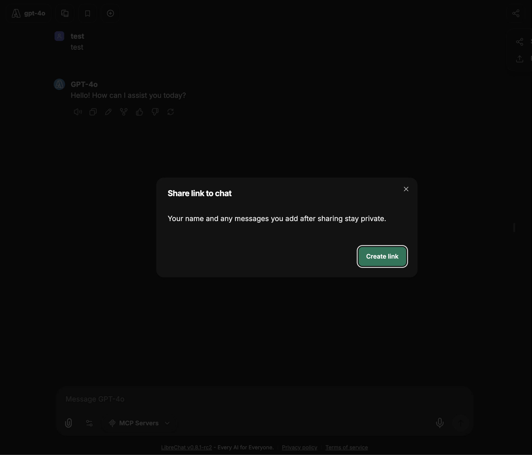 Create share link modal