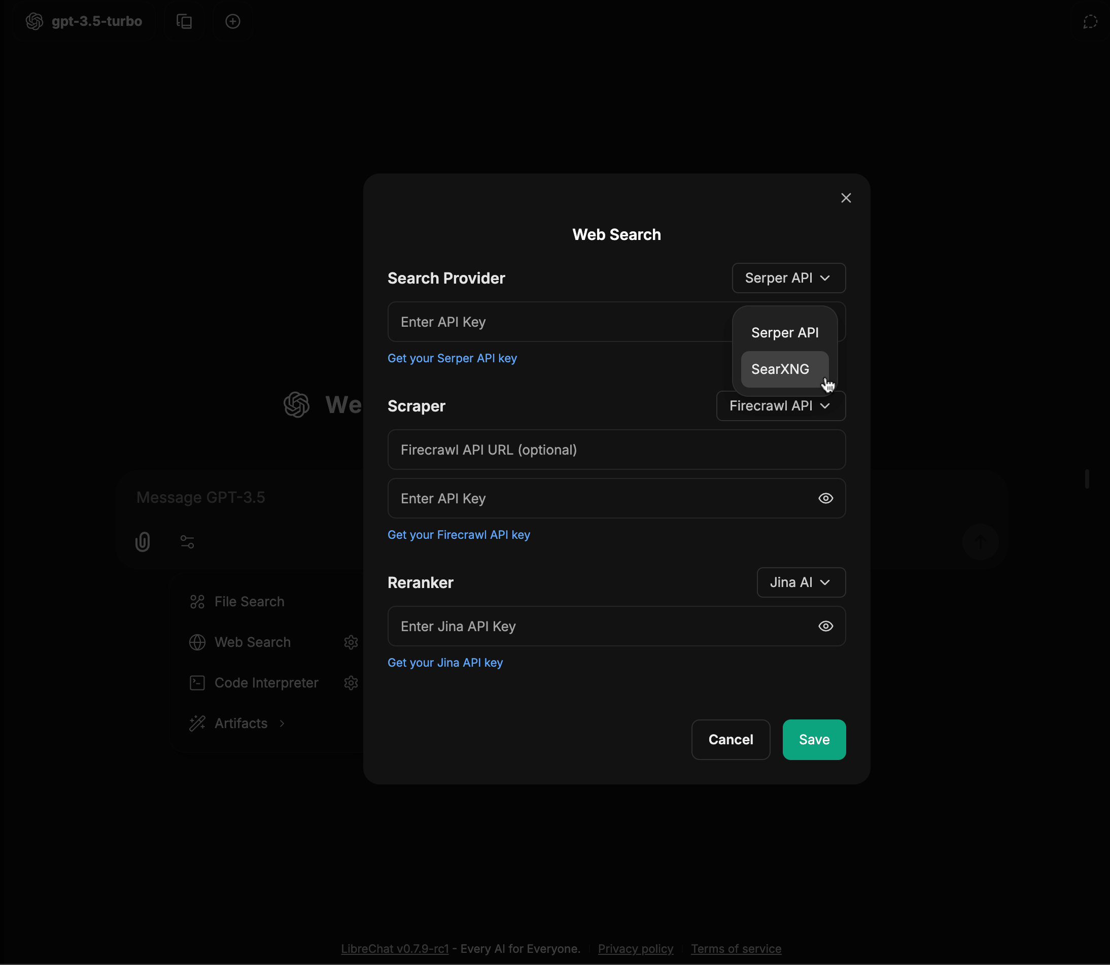 SearXNG dropdown selection