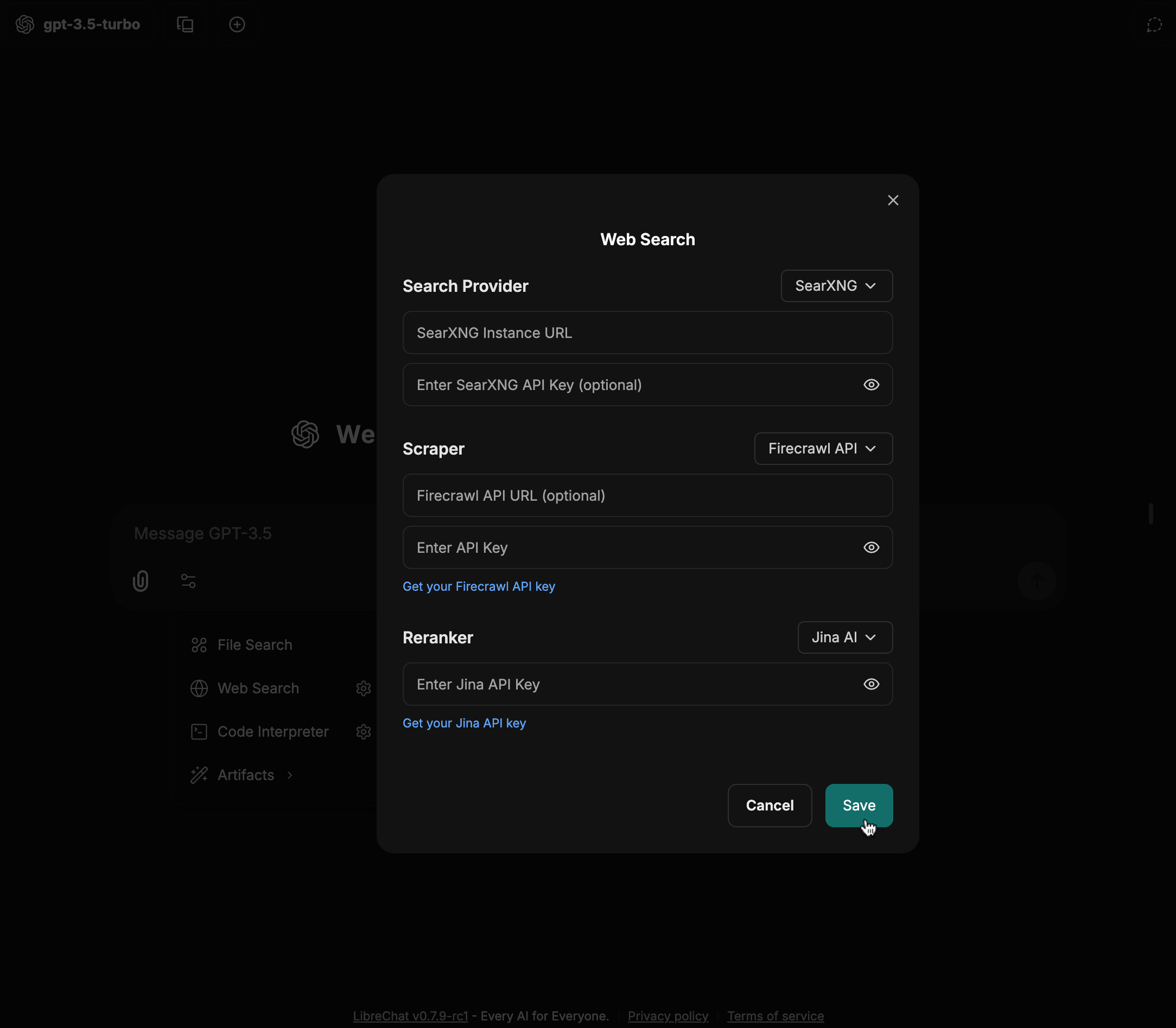 Save web search configuration
